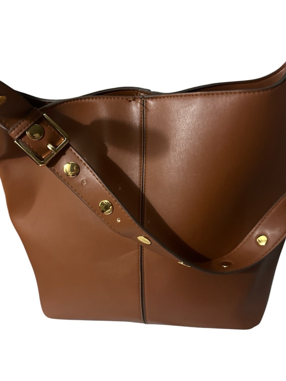Amazon Brown Shoulder Tote with Gold Accents adj strap soft vegan leather new